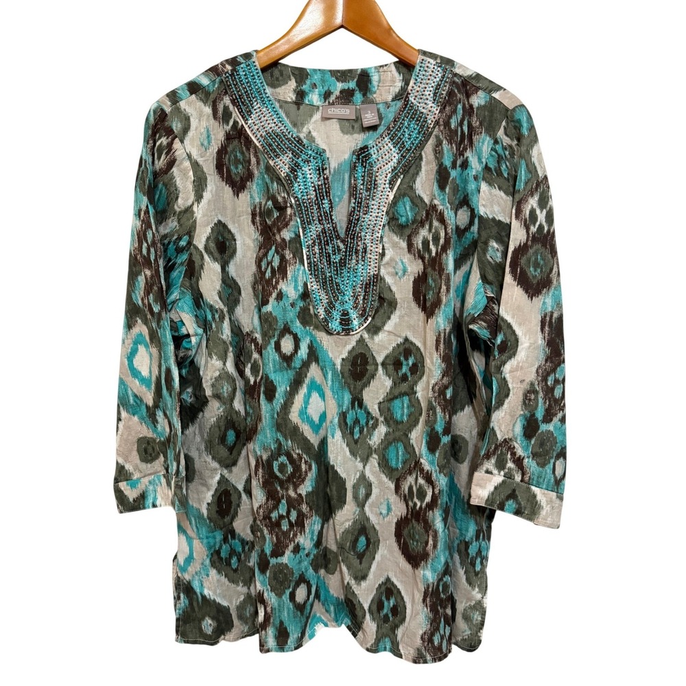 Chico's Women Tunic 3 L Teal Ikat Beaded Split Neck Cotton Boho Blouse Coastal
